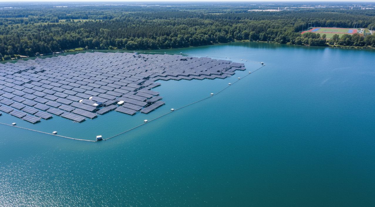 panneaux photovoltaïques flottants couvrant un plan d'eau