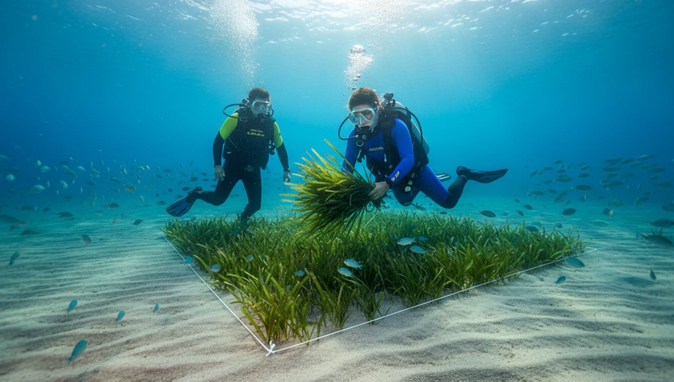 plongeur biologiste sous l'eau en train d'agrafer des faisceaux de posidonie sur le fond marin, eau turquoise de la baie de Villefranche-sur-Mer