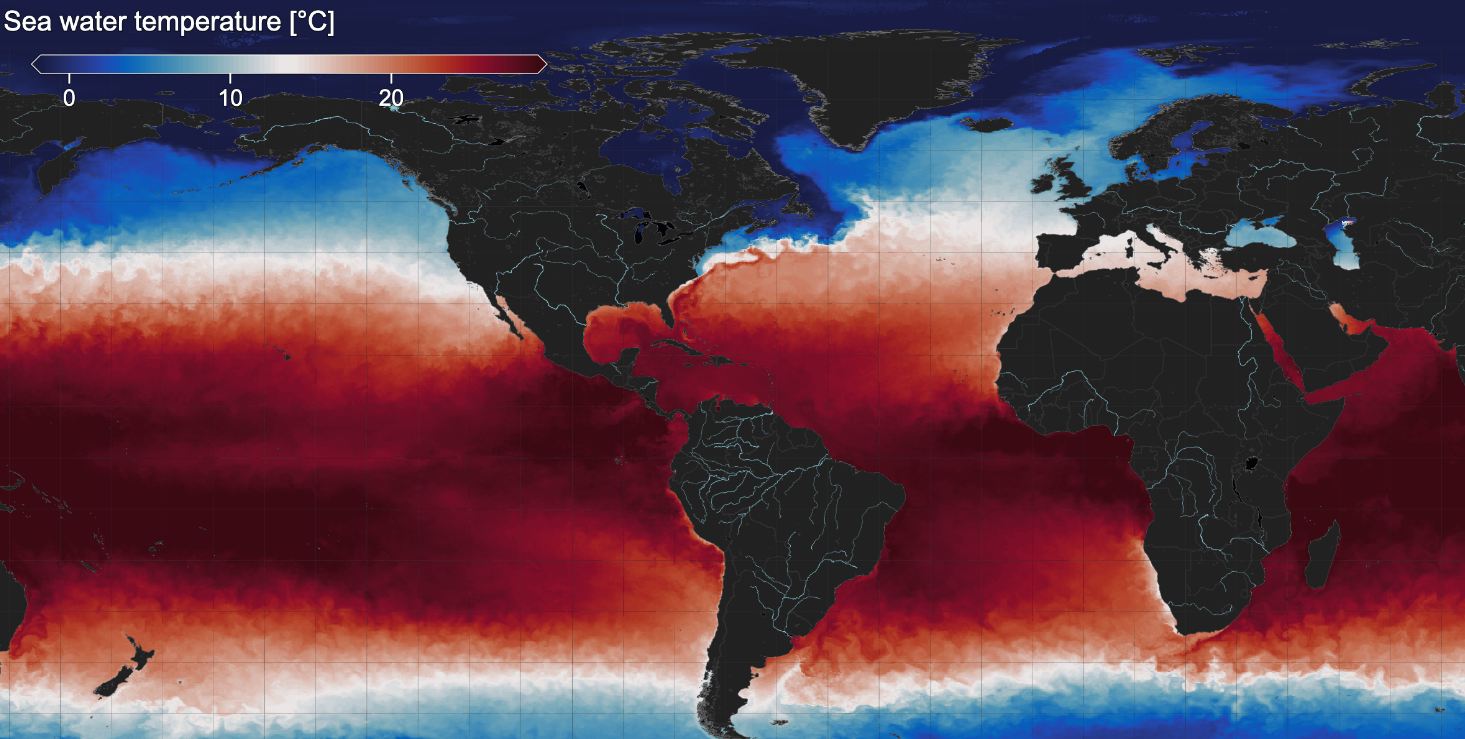 visualisation thermique des océans avec anomalies de température en rouge