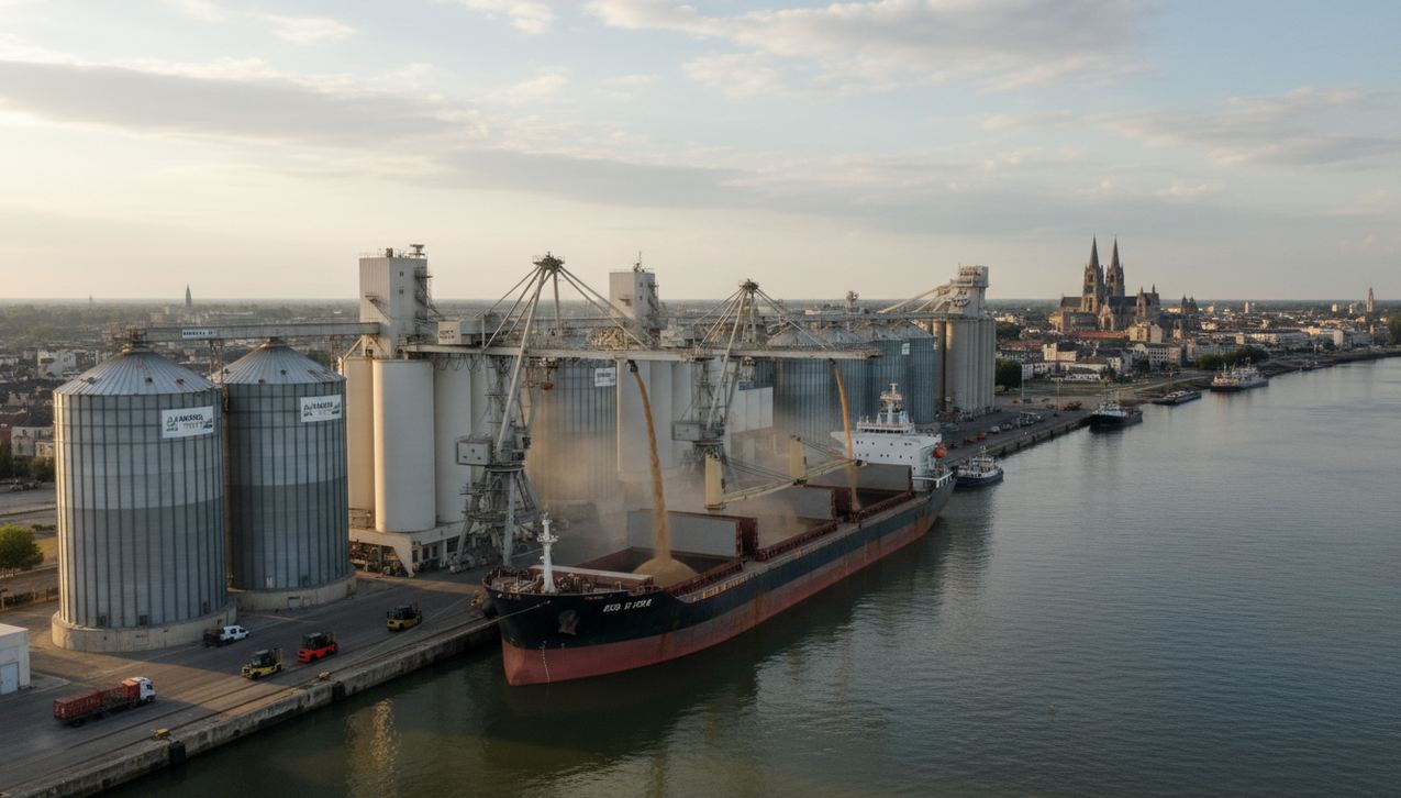 vraquier en cours de chargement de céréales à un terminal du port de Rouen
